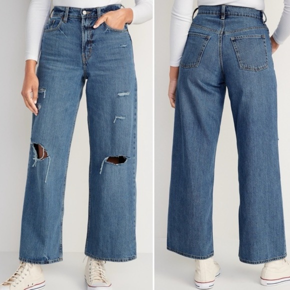 Old Navy High-Rise Loose Wide Leg Distressed Blue Jeans Womens Plus Size 16 NWOT - Picture 1 of 15